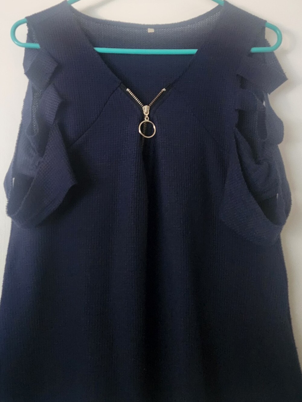 Women’s Navy Ruffle Sleeve Knit Top with Zip Accent